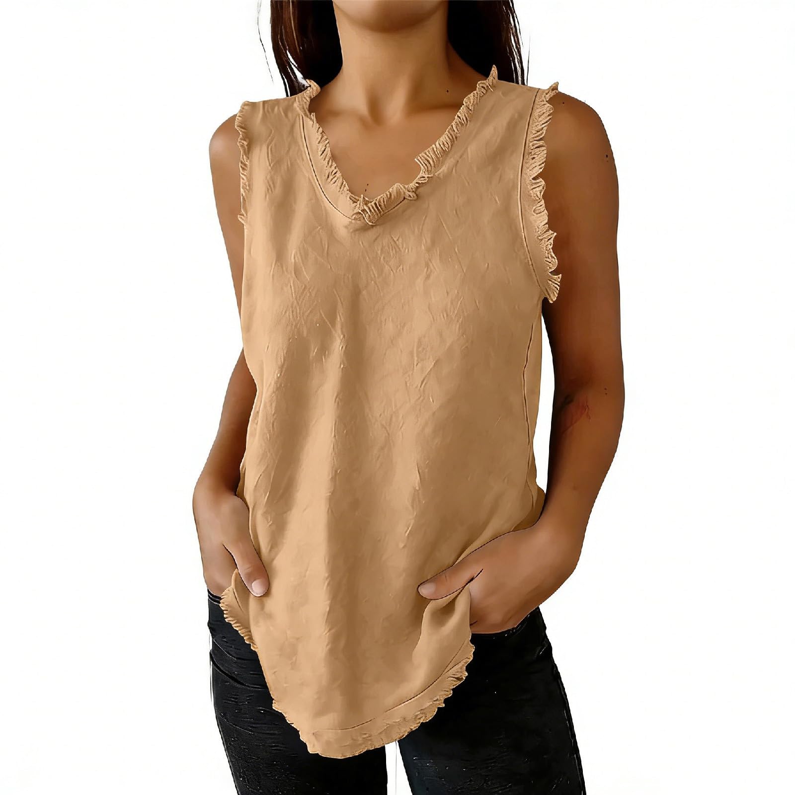 

Womens Spring Tops V Neck Hem Casual Style Summer Shirts for Women Loose Fit Sleeveless Design Womens Summer Shirts XL жовтий