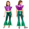 Costume da Sirena per Bambini 2 Pezzi Canotta Metallizzata Senza Maniche con Strass Crop Top Arricciato con Elastico in Vita Pantaloni a Zampa Arricciati Stampa a Squame di Pesce