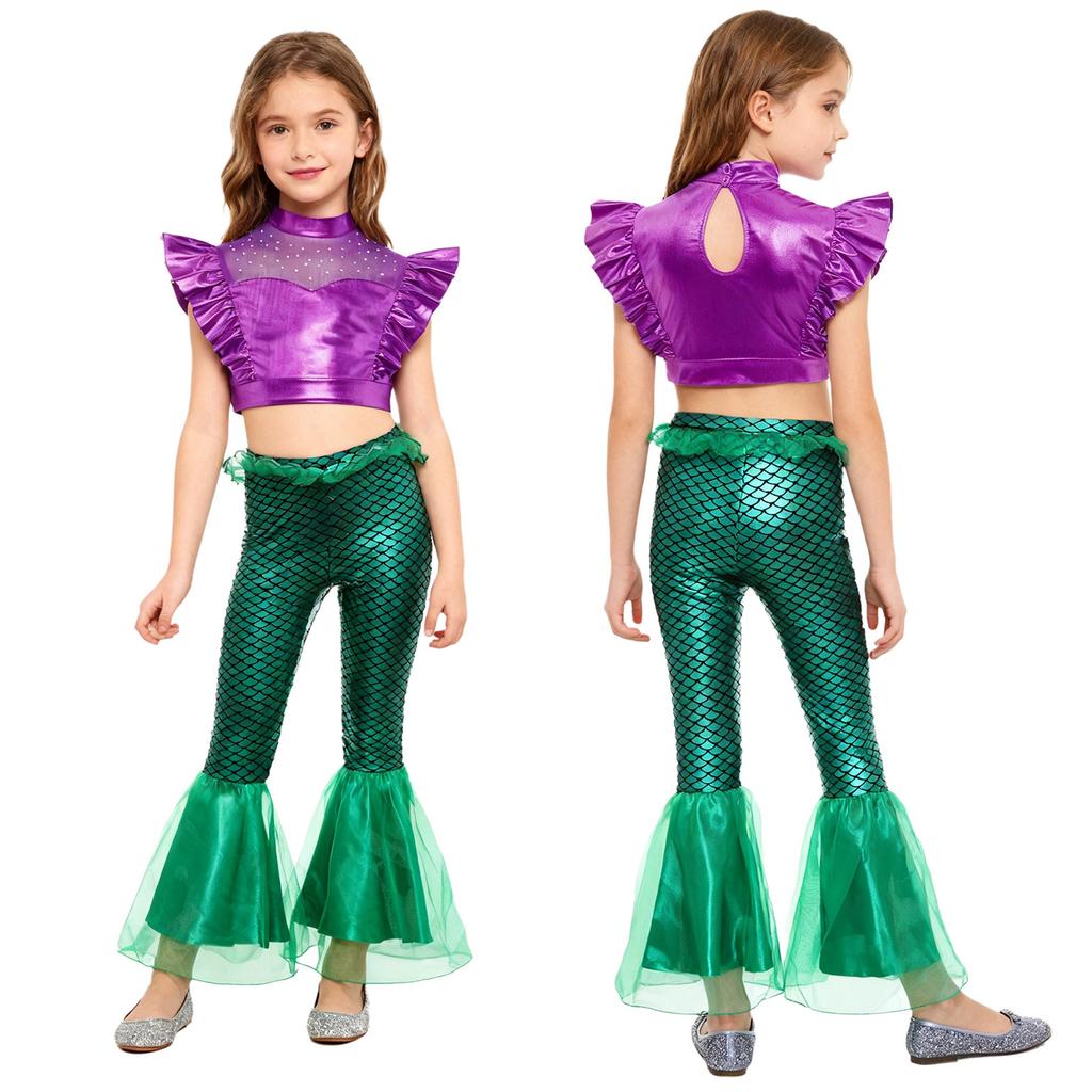 Costume da Sirena per Bambini 2 Pezzi Canotta Metallizzata Senza Maniche con Strass Crop Top Arricciato con Elastico in Vita Pantaloni a Zampa Arricciati Stampa a Squame di Pesce