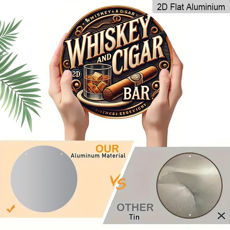 2D Flat, 1pc Round Aluminum Sign, "Whiskey and Cigar Bar" Vintage Design, Whiskey Glass & Cigar Metal Wall Art, Ideal for Man Cave, Bar, Garage, Gift