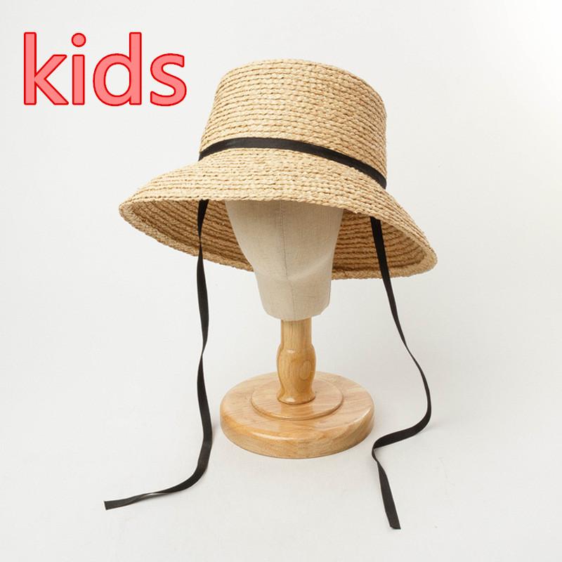 202505-HH6015 INS CHIC Summer Handmade Raffia Grass Holiday Black Long Ribbon Kids Sun Cap Children Leisure Hat