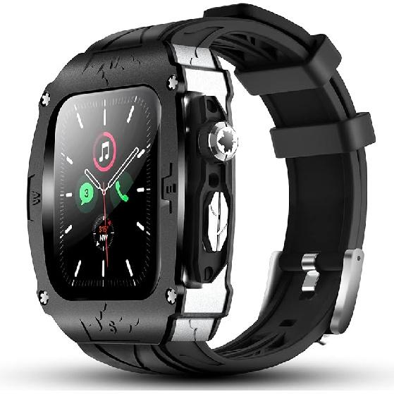 Luxury Metal Case for Apple Watch 8 7 45mm 6 44mm Band with Cover Heavy Duty Rugged Case Silicon Strap for men iWatch 6 5 4 SE 44mm Full Protective