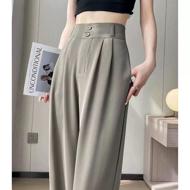 Dámské letní kalhoty s vysokým pasem, černé, se širokými nohavicemi, 2024, slim fit s splývavým efektem