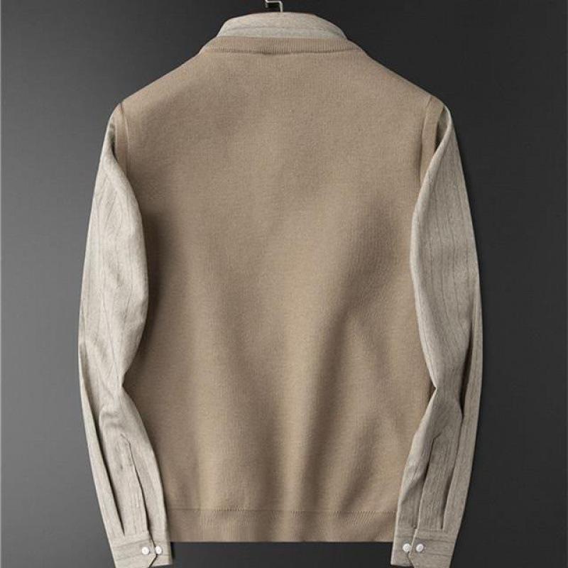 Men's Sweater Autumn Winter Lapel Fake Two Casual Knitwear Patchwork Color Contrast Slim-fit Business