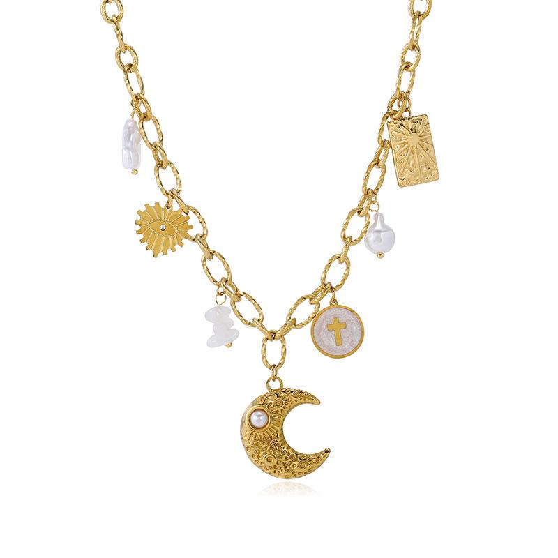 European and American fashion ocean style multi-element necklace shell starfish pendant light luxury niche stainless steel necklace women's necklace