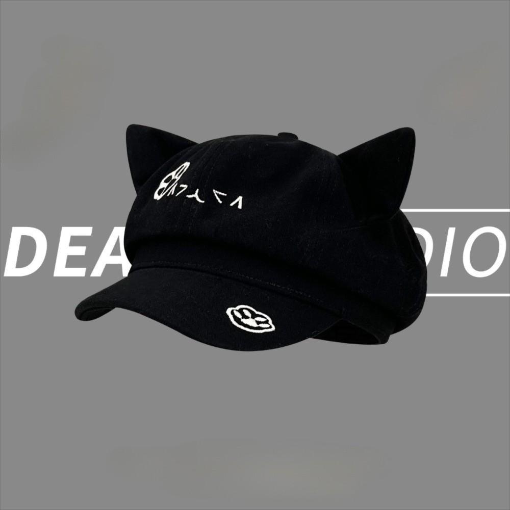 

Sweet Cute Cartoon Cat Ears Beret Hat Versatile Casual Commute Cap Large Head Size Octagonal Beret Hat Spring Autumn
