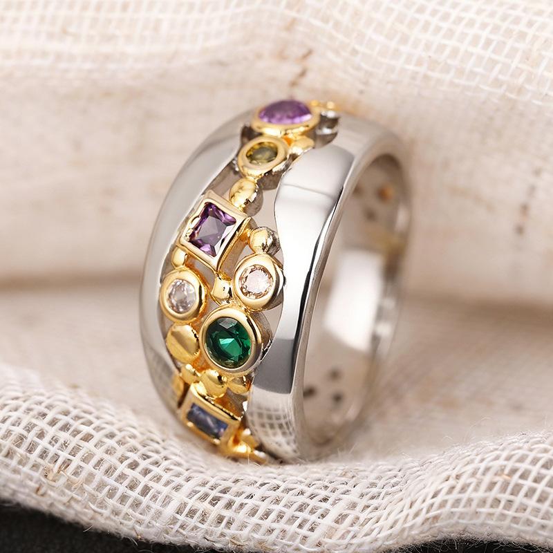 Ethnic style accessories, creative hollow two-color slightly inlaid zircon ring, trendy fashion women's ring
