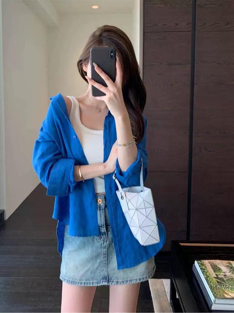 Camicia da donna di alta gamma in cotone e lino bianco francese – Estiva, vestibilità larga, manica lunga, protezione solare, stile Old Money.