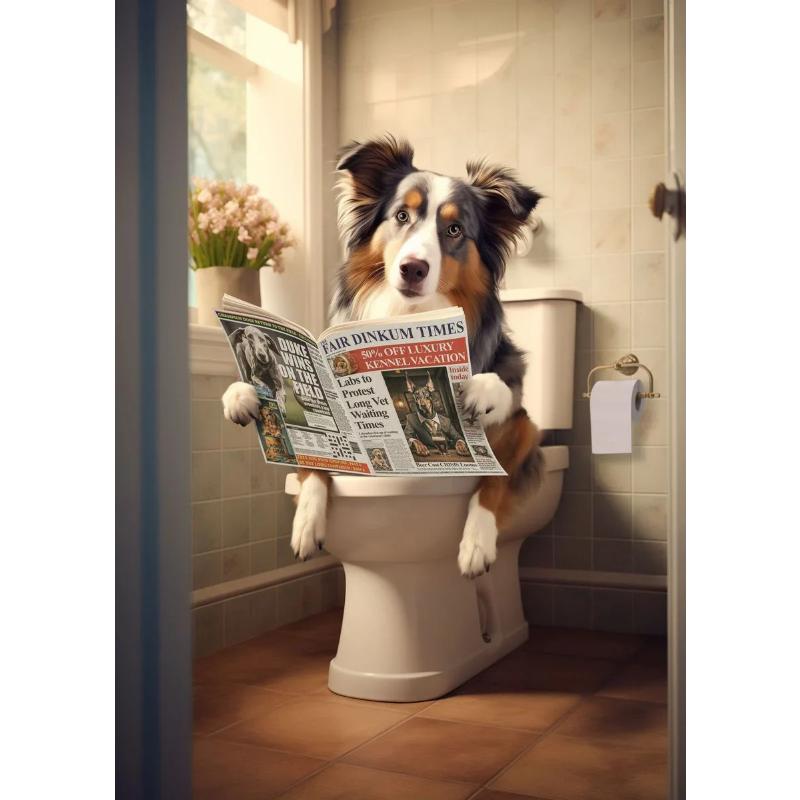 Modern Lion Dog Highland Sitting On Toilet Reading Newspaper Poster Funny Animal Print Canvas Painting Bathroom Decor Picture