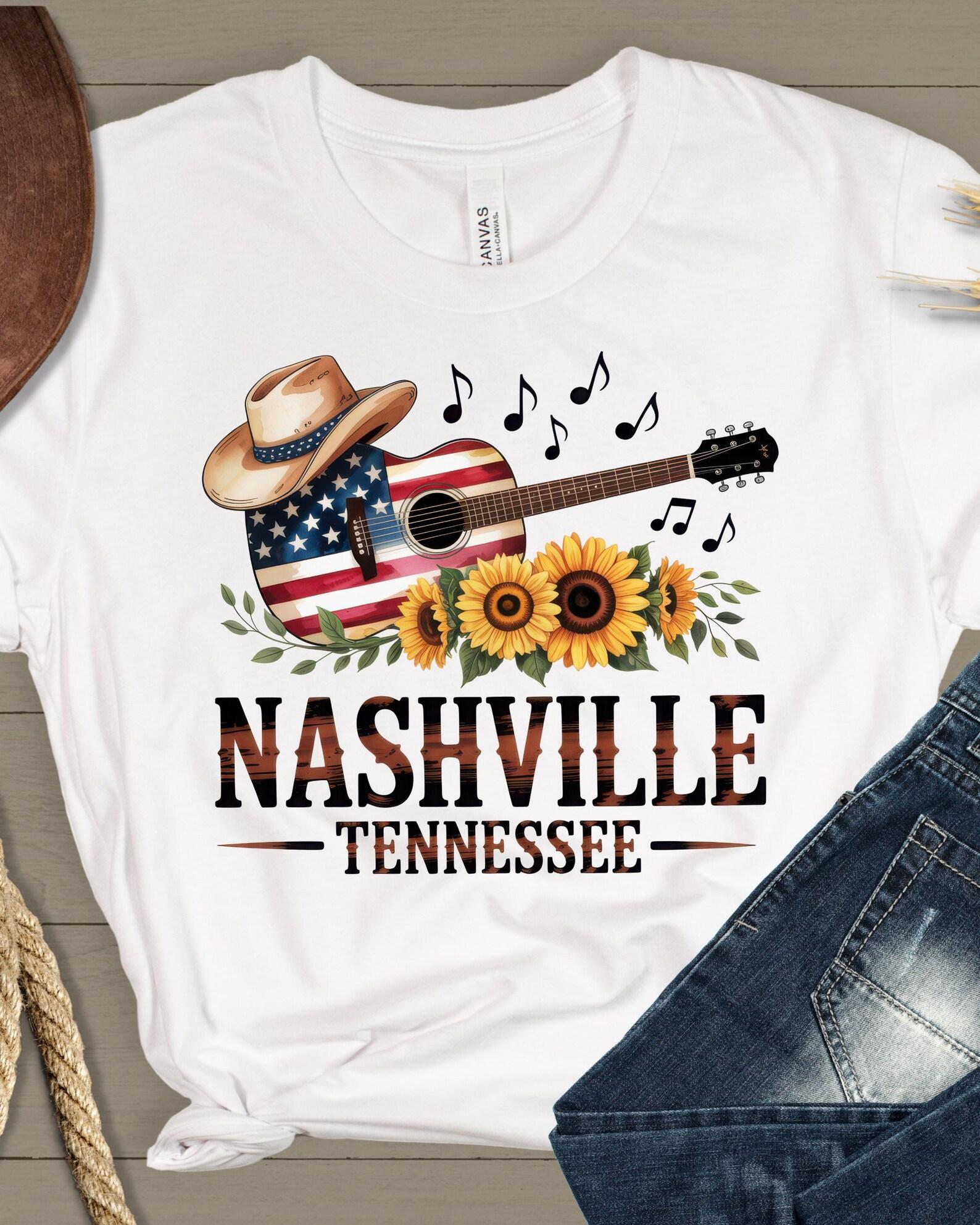 Nashville Tennessee guitar hat sunflowers T-Shirt | Americana country music souvenir, 8 colors S
