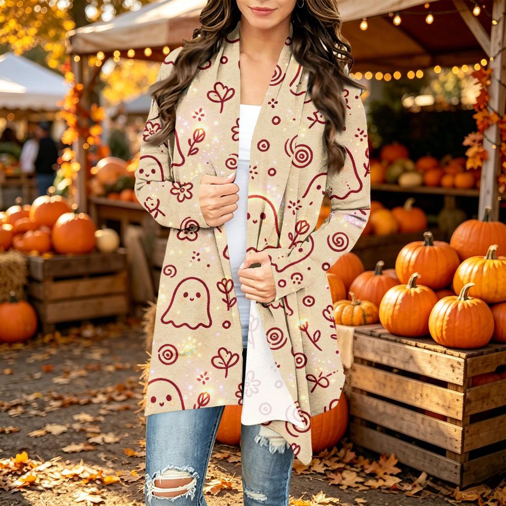 Damen Trendy Halloween-Print Langarm-Strickjacke Pullover für Lässige Herbstmode