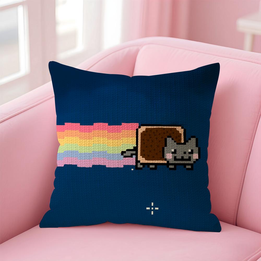 Cute Cat NNyan Cartoon Cushion Cover Natural Linen Pillow Case DoubleSided Print Decorative Sofa Pillowcase Home Decor Gift