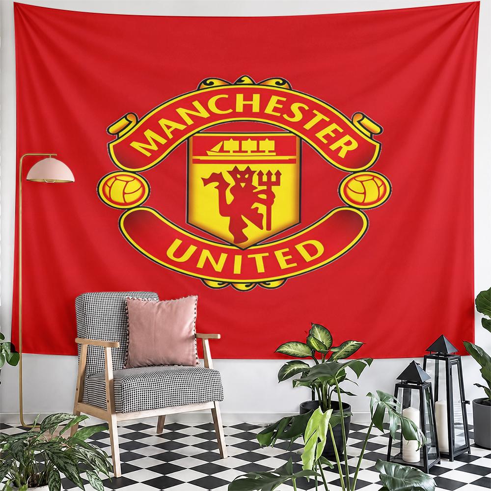 Landscape Wall Tapestry Manchester United Devil Club Crest, Red Gold, Wide Wall Decor for Adult Fan Collector Bar