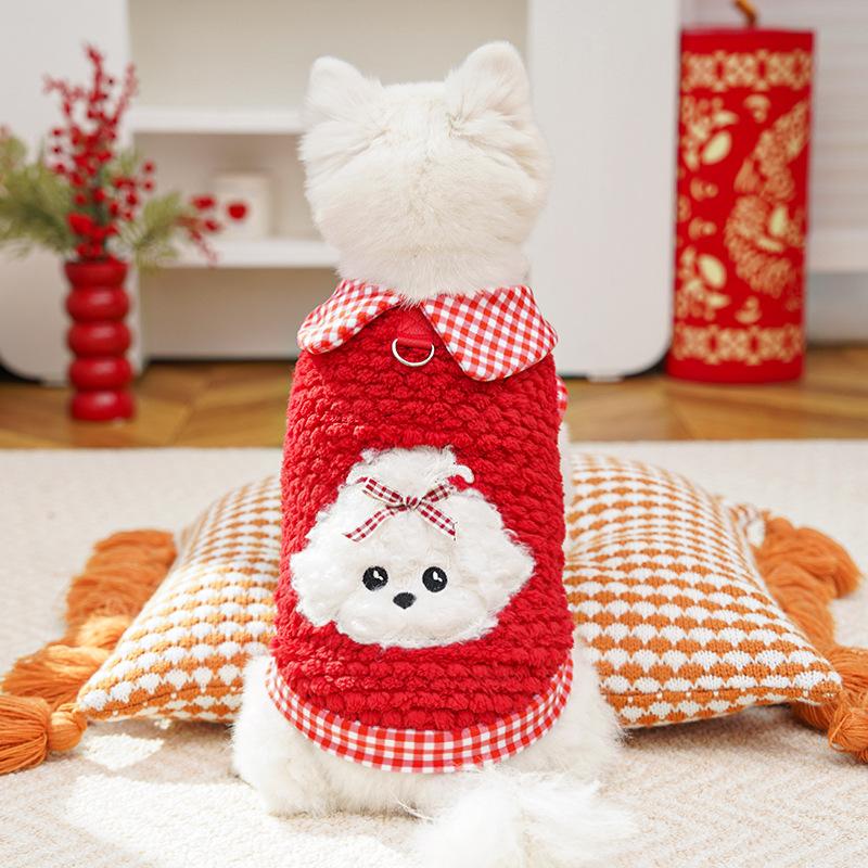 XS-2XL Winter Pet Dog Warm Velvet Vest Red New Year Vest Can Tow Dog Clothes for 0.5-10kg Small Medium Dogs Cats