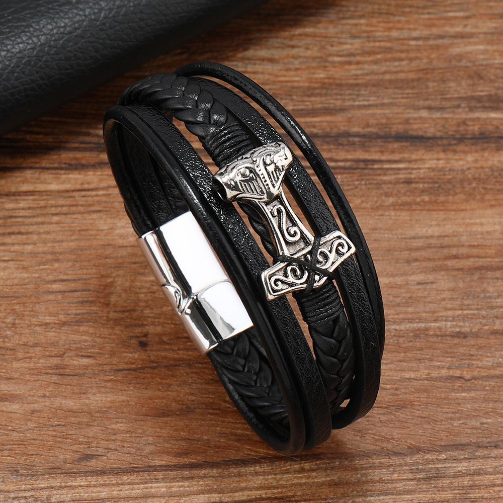 Nouveautés Tendance Bracelets en Acier Inoxydable et Cuir Pour Hommes Mode Multi-Couches Vintage Viking Tressé en Cuir Bracelets Homme Cadeaux brown