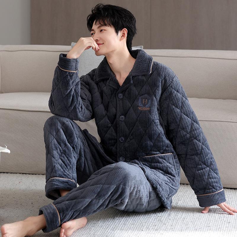 Pajamas Men's Winter 1011 New Three-layer Thickened Fleece Padded Cotton Autumn and Winter Middle-aged Dad Large Size Winter Loungewear