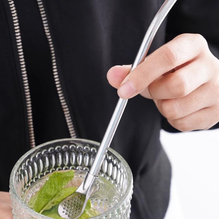 Stainless Steel Straw Spoon Mate Filter Straw Spoon Scented Tea Coffee Stirring Spoon Removable Tip
