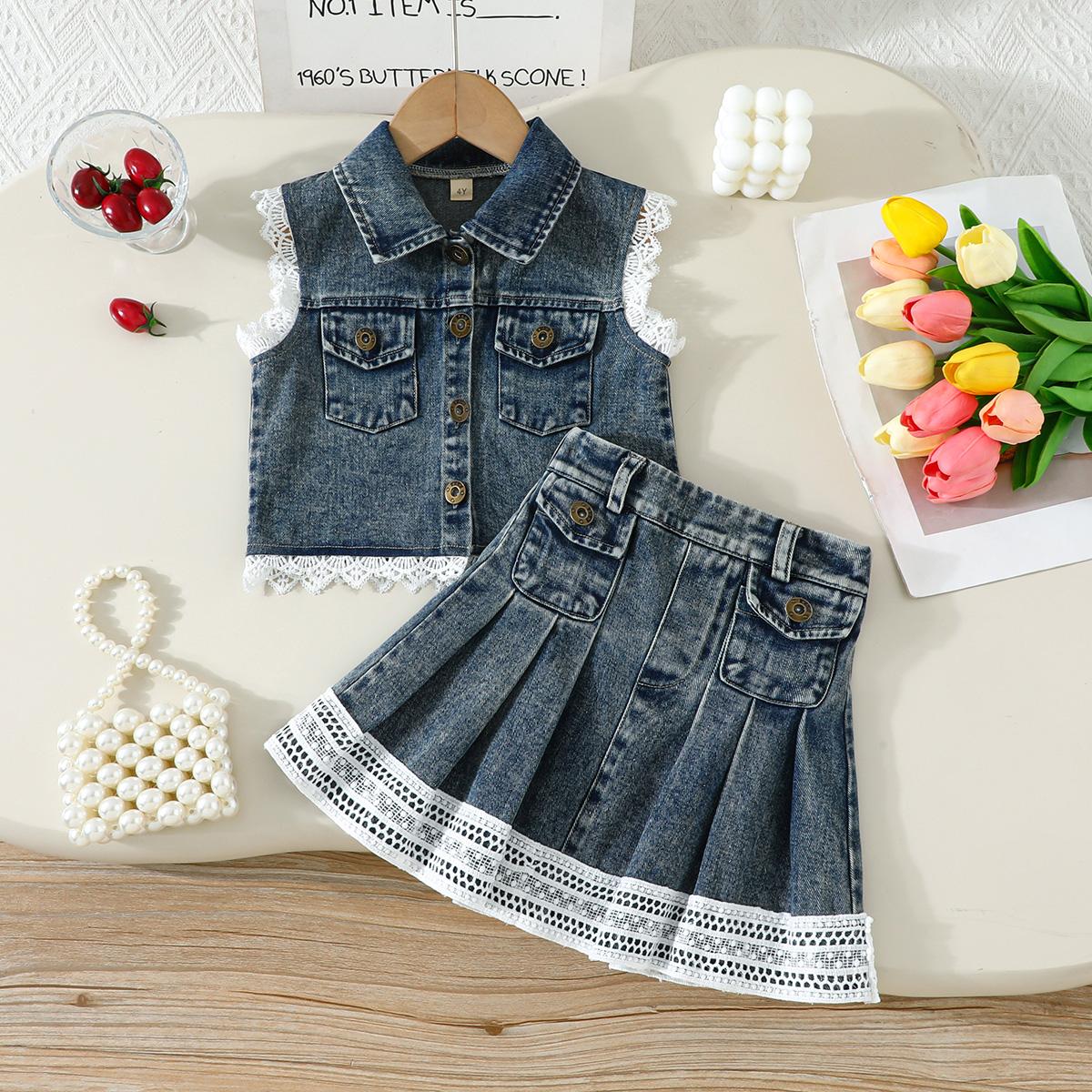 

2PCS Girls Lace Trim Denim Vest & Pleated Skirt Set, Sleeveless Button Vest with Skirt 5Y електричний синій колір