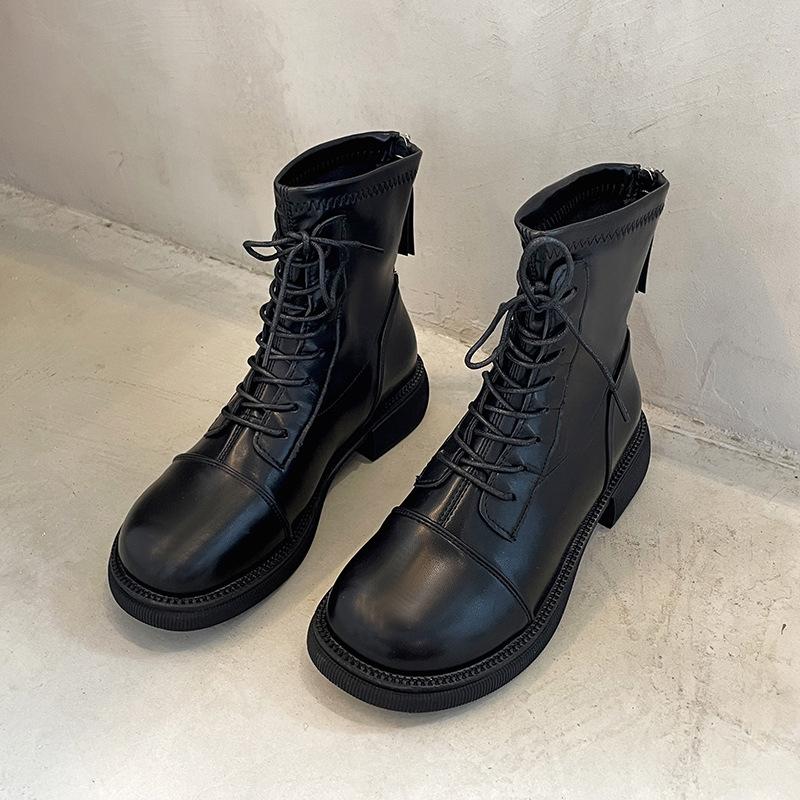 Leather Boots Women's 2025 Autumn and Winter New Retro Low Boots Round Head Thick Heel Boots Soft Leather Lace-up Martin Boots Women