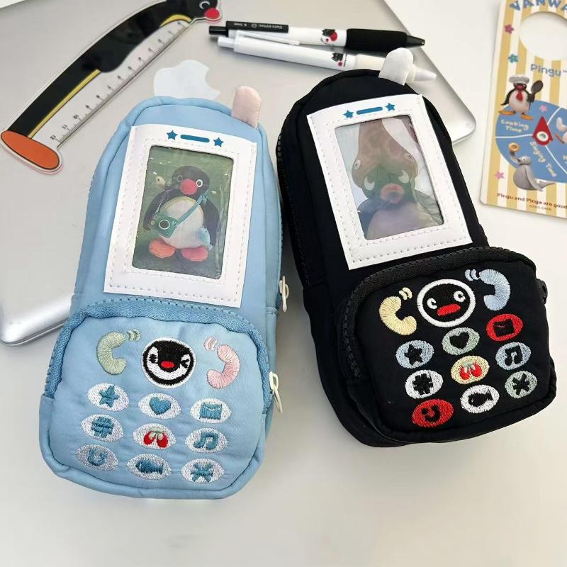 Kawaii Penguin Canvas Pen Bag Phone Shape Large Capacity Stationery Pouch Stationery Storage Bag Students Gift