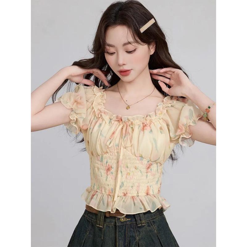 Women s Yellow Floral Print Chiffon Blouse Square Neck Ruffle Sleeve Cropped Casual Top S