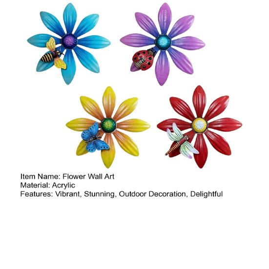 4 Pcs Acrylic Flowers Wall Decor Outdoor Spring Flower Wall Art Sculpture with Butterfly Bee Dragonfly for Backyard Yard Patio Fence Decor
