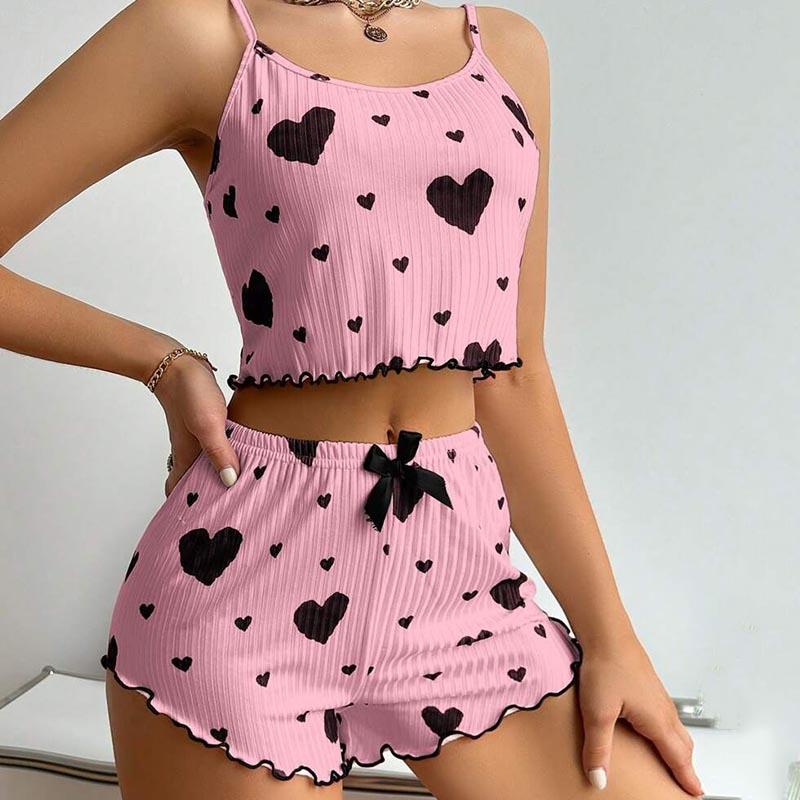 Women's Short Pajamas Set Sleepwear 2 PCS Short Tank Tops and Shorts S M L White Ventilate Soft Casual Love Printing