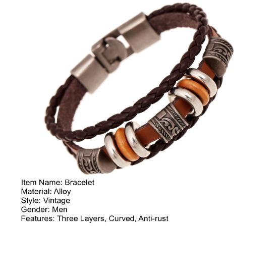 Men Bracelet Vintage Three Layers Braided Ethnic Stainless Alloy Hand-woven Exquisite Lightweight Faux Leather Decorative Wrist Strap