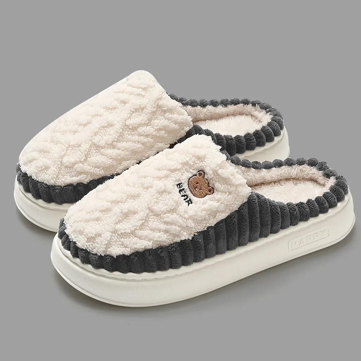 

Модные новые женские теплые тапочки мужские пушистые шлепанцы на толстой подошве из ЭВА зимняя меховая обувь для пар домашние комнатные противоскользящие платформы плюшевые балетки 44-45 серый