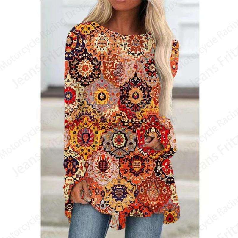 European Pattern 3d Print Women Fashion T-shirt Long Sleeve Tunic Top Casual Long Tops Floral Lady Clothes Y2K