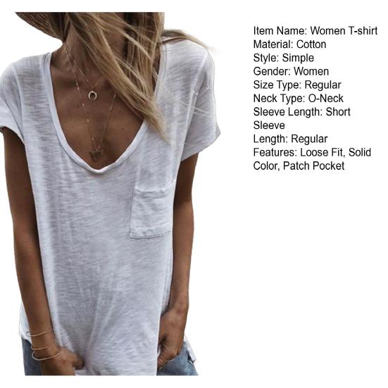 Women T-shirt Round Neck Short Sleeve Patch Pocket Tee Shirt Solid Color Loose Fit Thin Pullover Tops Daily Wear