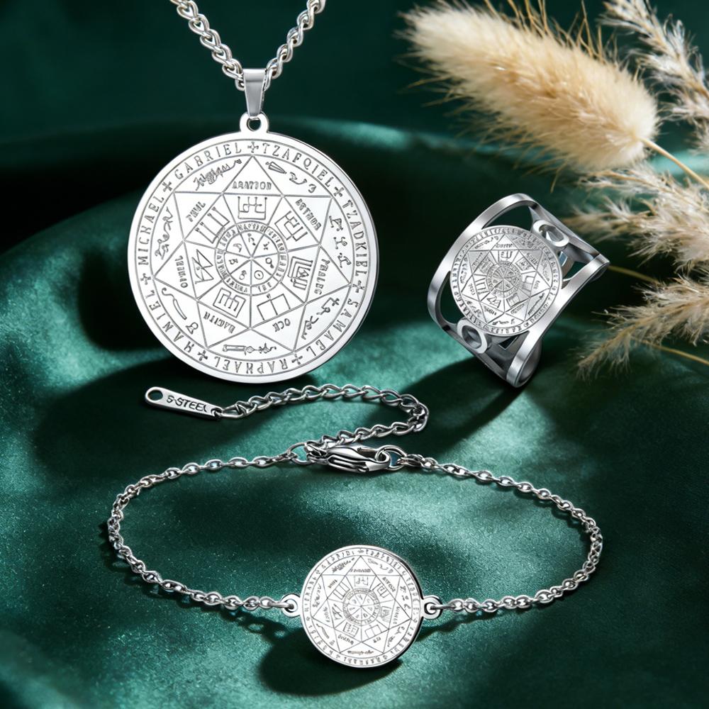 Dawapara Seal of Seven Archangels Necklace Bracelet Ring Jewelry Set Religious Protection Amulet Stainless Steel Solomon Jewelry