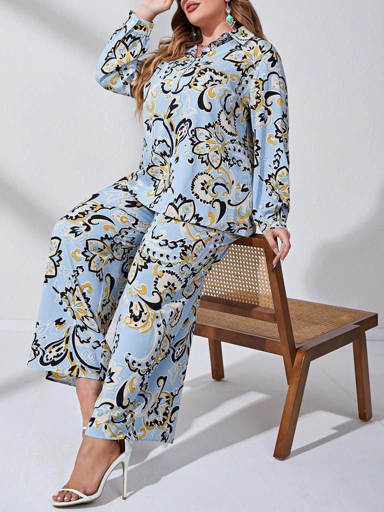 Large Size Women's Fashion Casual Printed Shirt & Two-Piece Set - Spring/Autumn Collection