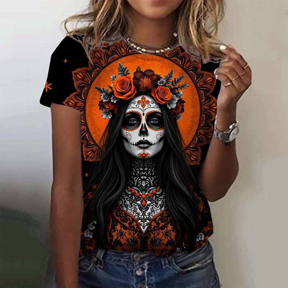 Girls' short sleeve women's T-shirt, casual sexy summer Day of the Dead skeleton pattern loose top.