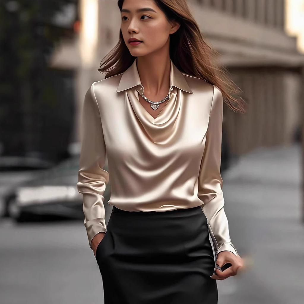 Ladies Spring Autumn Casual Lapel Long Sleeve Solid Color Satin Pullover T Shirt Top
