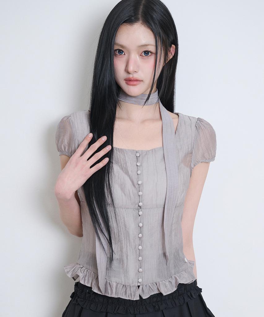 ILLIGO Ribbon Tie Square Neck Blouse Gray