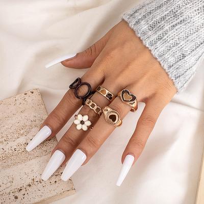 Ring, Fashionable Brown Love Drip Ring Six-Piece Set, Geometric Flower Ring Combination Set