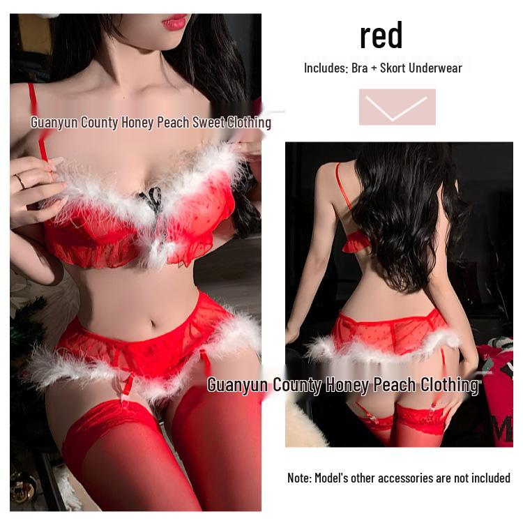 Sexy Fishnet See-Through Lingerie with Garter Belt & Fluffy Christmas Role-Play Bikini