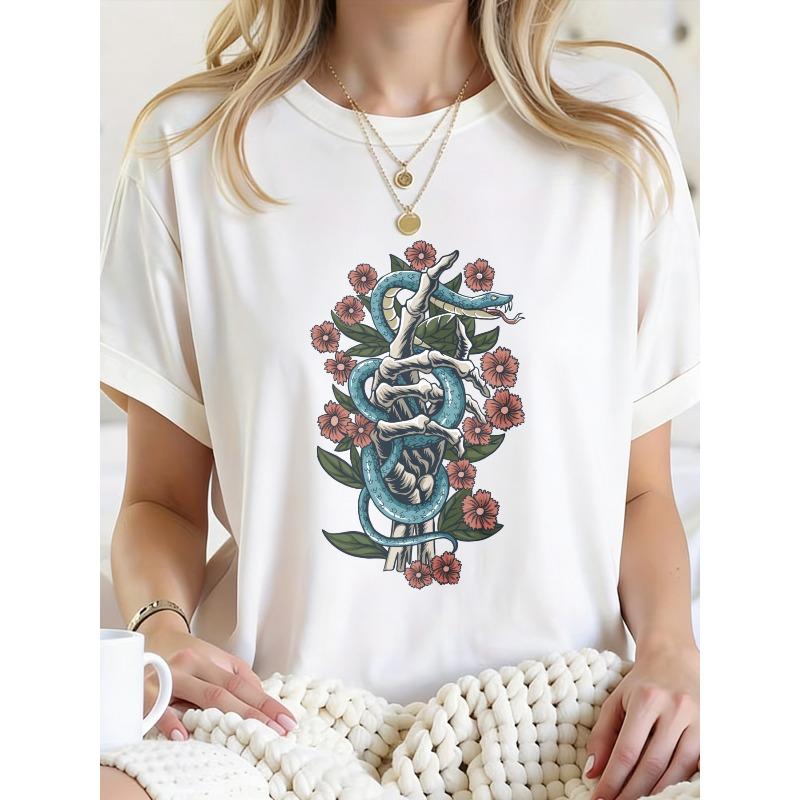 

Новая женская футболка Черный Белый Серый Принт Кости Змеи Цветы Круглый Вырез Эластичная Ткань Заявление Графический Мягкий Удобная Посадка Все Сезоны S белый