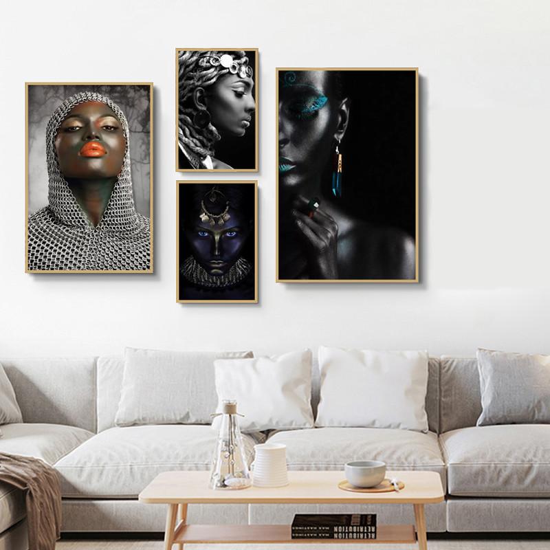 Afrikanische schwarze Frauen-Portrait-Kunst-Poster und Drucke auf Leinwand, Malerei, Make-up, weibliche Wandkunst, Bild für Wohnzimmer, Heimdekoration