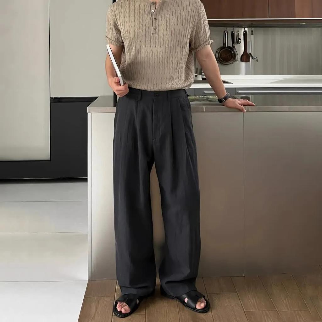 Men's Korean Light Luxury Draped Wide Leg Pants Leisure Button Down Solid Color Straight Premium Elegant Sweatpants