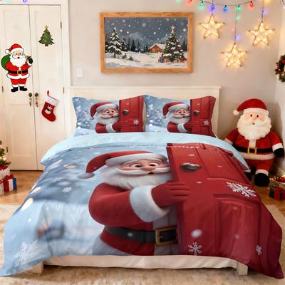 3pcs Cartoon Santa Claus Printed Coreless Duvet Set Multi Size Bedroom Bedding Holiday Decoration Machine Washable