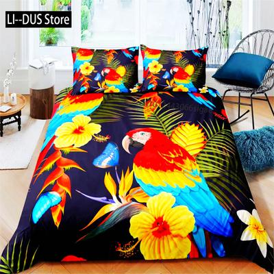 Parrot King Queen Bedding Set Cute Birds Colourful Feather Duvet Cover Tropical Flowers Comforter Cover Polyester Quilt Cover