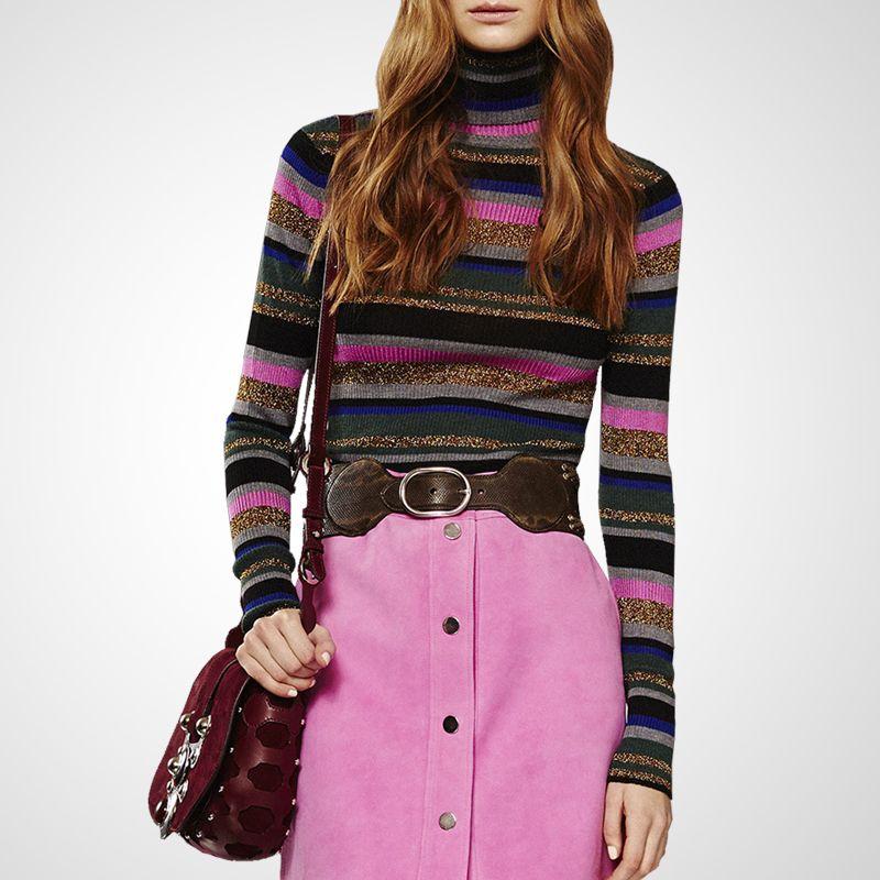 

Осенний яркий шелковый тонкий пуловер, вязаный свитер, свитер с высоким воротом Color stripes S