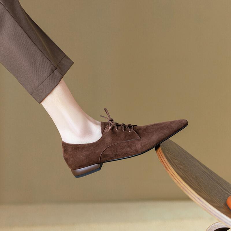 Fashion NEW Spring/Autumn Women Pumps Sheep Suede Leather Shoes for Women Pointed Toe Low Heel Shoes Casual Black Lace-up Handmade Shoes