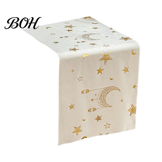 Modern Table Dressing Eid Mubarak Runner, Ramadan Gold Moon Stars Tablecloth, Islamic Happy Exquisite Home Furnishing Holiday Rectangular Cloth
