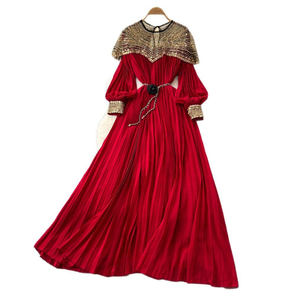 French heavy industry embroidered bead sequin mesh stitching lantern sleeve strap waist pleated dress women's high-end long dress