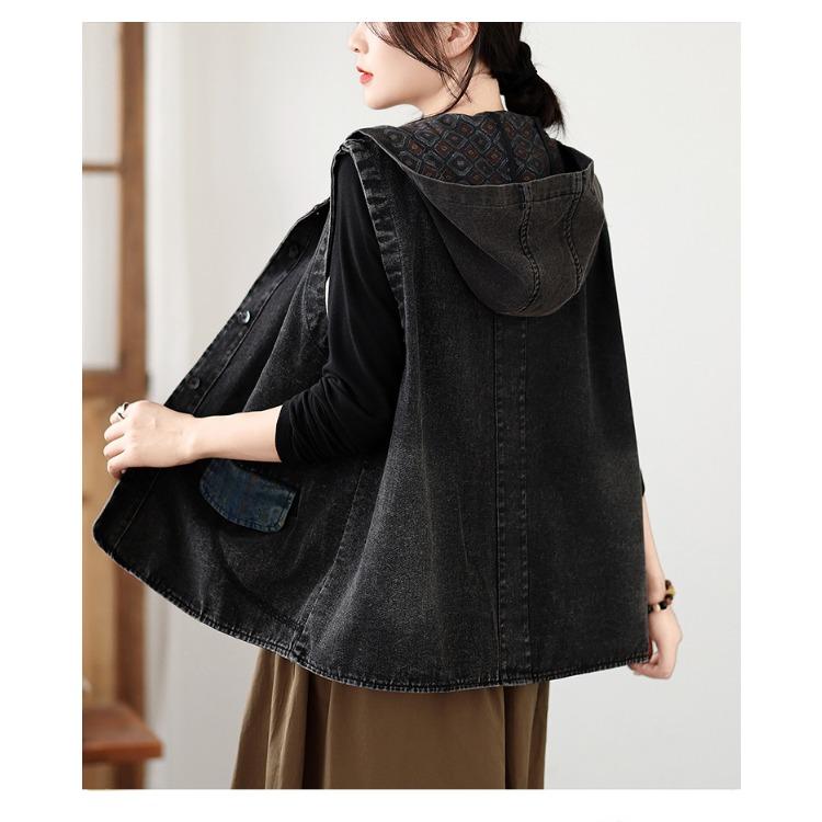 Plus Size Denim Hooded Vest Women Loose Short Waistcoat Casual Autumn Fashion
