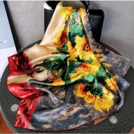 12mm Real Silk Hijab Scarf Luxury Pure Silk Stain Scarfs Soft Silky High Quality Women Designer Oil Painting Printing Head Scarf