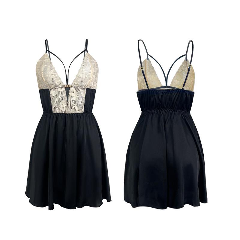 Sexy rückenfreier Spitzen-Nachthemd mit tiefem V-Ausschnitt, durchsichtiges Satin-Camisole, figurbetont, Damen, bequeme Loungewear 417, luxuriöse verführerische Nachtwäsche mit seidiger Textur